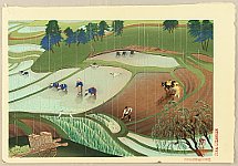 Bakufu Ono 1888-1976 - Rice Planting in the Rain - artelino Art Auctions. Bakufu Ono 1888-1976 - Rice Planting in the Rain