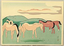 Hanjiro Sakamoto 1882-1969 - Horses in Pasture - Five Views of Aso - artelino Art Auctions. Hanjiro Sakamoto 1882-1969 - Horses in Pasture - Five Views of Aso