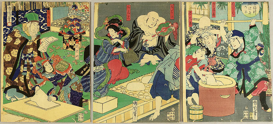 Kunichika Toyohara 1835-1900 - Seven Lucky Gods Making Rice Cake.