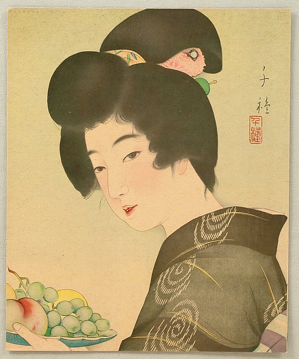 Chigusa Kotani 1890-1945 - Beauty and Fruit Plate - artelino Art Auctions. Chigusa Kotani 1890-1945 - Beauty and Fruit Plate