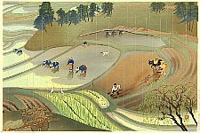 Bakufu Ono 1888-1976 - Rice Planting in the Rain - artelino Art Auctions. Bakufu Ono 1888-1976 - Rice Planting in the Rain