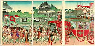 Chikanobu Toyohara 1838-1912 - Coach Ride from Nijubashi Bridge - artelino Art Auctions. Chikanobu Toyohara 1838-1912 - Coach Ride from Nijubashi Bridge