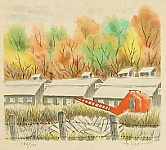 Henry Yuzuru Sugimoto 1900 - 1990 - Japanese Internment Camp - Exterior - artelino Art Auctions. Henry Yuzuru Sugimoto 1900 - 1990 - Japanese Internment Camp - Exterior