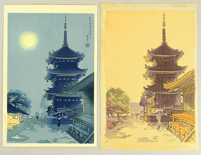 Benji Asada 1899-1984 - The Moon, Rain and Kiyomizu Temple - Trial proof print and the original water color on silk - artelino Art Auctions. Benji Asada 1899-1984 - The Moon, Rain and Kiyomizu Temple - Trial proof print and the original water color on silk