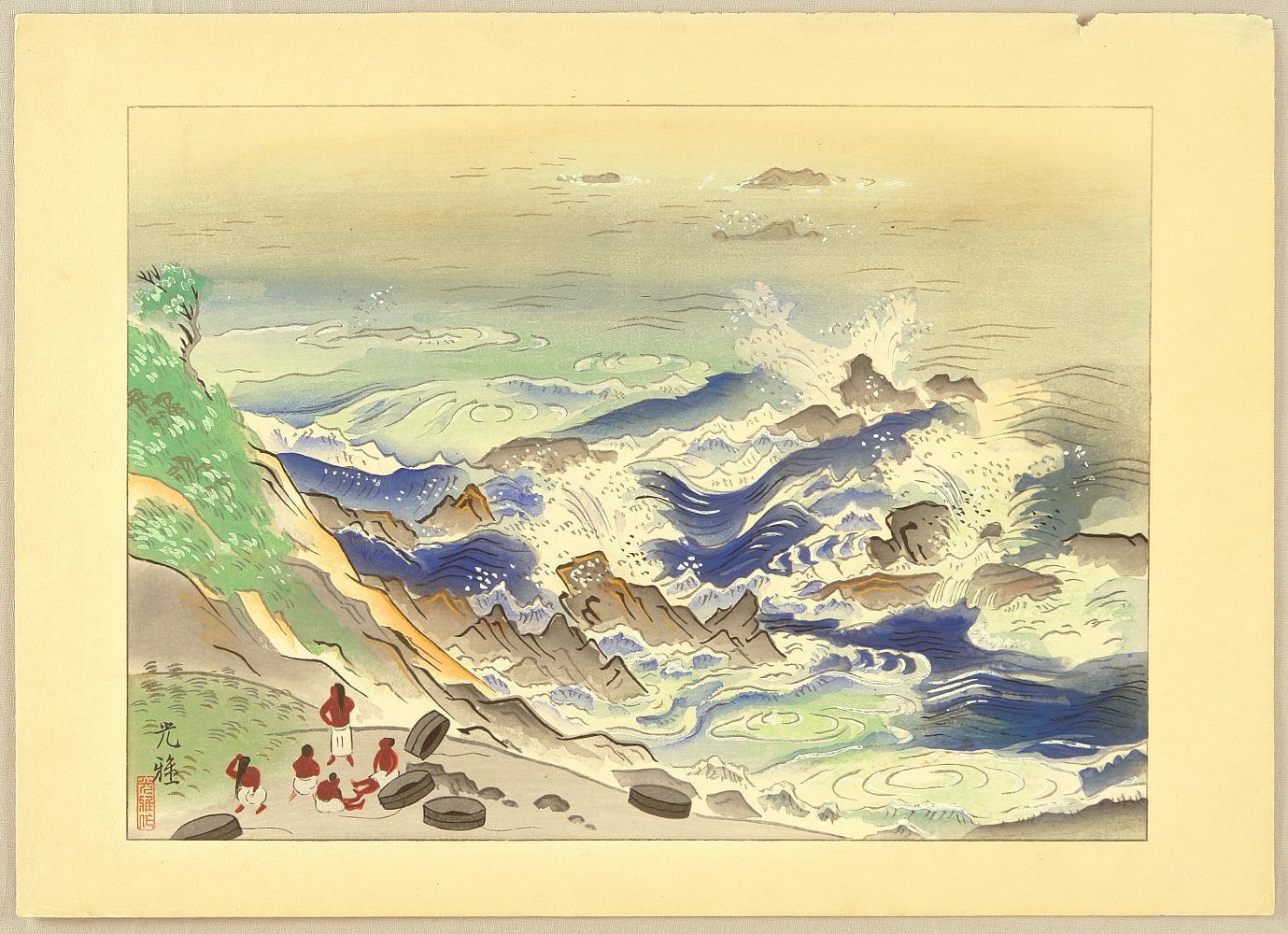 飯島光峨: Divers at a Rocky Shore - Artelino - 浮世絵検索