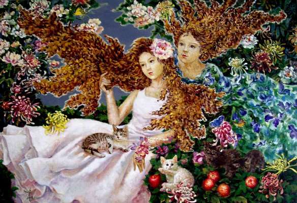 Among Flowers - Painting by Sun Jinfang