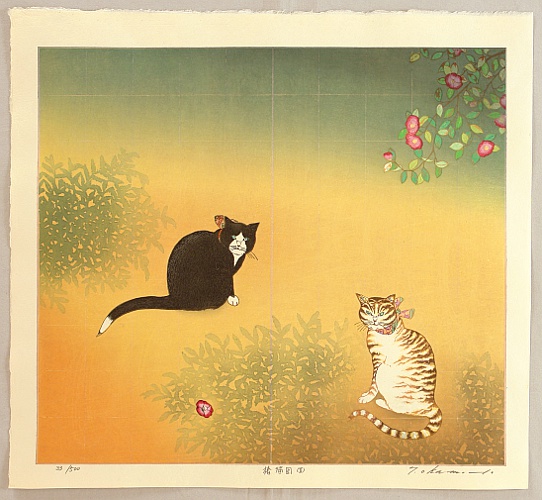 Ryusei Okamoto born 1949 - Camellia and Cats # 2 - artelino Art Auctions. Ryusei Okamoto born 1949 - Camellia and Cats # 2