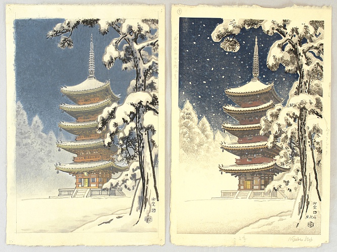 Nisaburo Ito 1910-1988 - Muro Temple in Snow - Trial proof print and the original water color painting