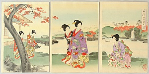 Chikanobu Toyohara 1838-1912 - The Ladies of Chiyoda Palace - Tea House in Garden with Waterfall - artelino Art Auctions. Chikanobu Toyohara 1838-1912 - The Ladies of Chiyoda Palace - Tea House in Garden with Waterfall