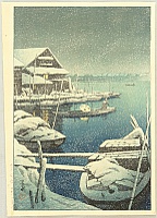 Hasui Kawase 1883-1957 - Snow at Mukojima - artelino Art Auctions. Hasui Kawase 1883-1957 - Snow at Mukojima