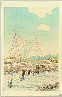 Eiichi Kotozuka 1906-1979 - Washing Yuzen Textile in River - artelino Art Auctions. Eiichi Kotozuka 1906-1979 - Washing Yuzen Textile in River