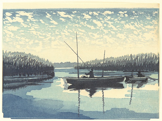 Tadahiro Hashiba 1894-1989 - One Hundred Famous Views of Kuwana - Fishing in Ibi River - artelino Art Auctions. Tadahiro Hashiba 1894-1989 - One Hundred Famous Views of Kuwana - Fishing in Ibi River