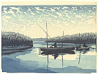 Tadahiro Hashiba 1894-1989 - One Hundred Famous Views of Kuwana - Fishing in Ibi River - artelino Art Auctions. Tadahiro Hashiba 1894-1989 - One Hundred Famous Views of Kuwana - Fishing in Ibi River