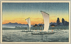 Hiroaki (Shotei) Takahashi 1871-1945 - Returning Boats in Sunset NYK Line Post Card - artelino Art Auctions. Hiroaki (Shotei) Takahashi 1871-1945 - Returning Boats in Sunset NYK Line Post Card