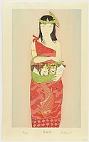 Ryusei Okamoto born 1949 - Lady, Carp and Four Kittens - Boating (red) - artelino Art Auctions. Ryusei Okamoto born 1949 - Lady, Carp and Four Kittens - Boating (red)