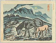 Ryosuke Ishii 1882-1958 - New One Hundred Views of Japan - Horses on Mt. Aso - artelino Art Auctions. Ryosuke Ishii 1882-1958 - New One Hundred Views of Japan - Horses on Mt. Aso