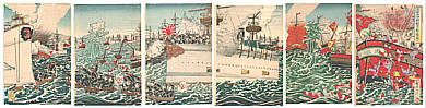 Nobukazu Watanabe 1874-1944 - Sea Battle at Tokushan (6 oban panels War Print) - artelino Art Auctions. Nobukazu Watanabe 1874-1944 - Sea Battle at Tokushan (6 oban panels War Print)