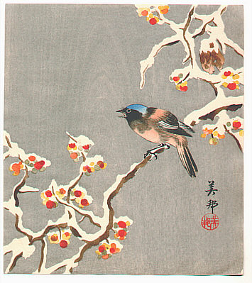 Biho Takahashi 1873-? - Bird on Snow Covered Berry Branch - artelino Art Auctions. Biho Takahashi 1873-? - Bird on Snow Covered Berry Branch