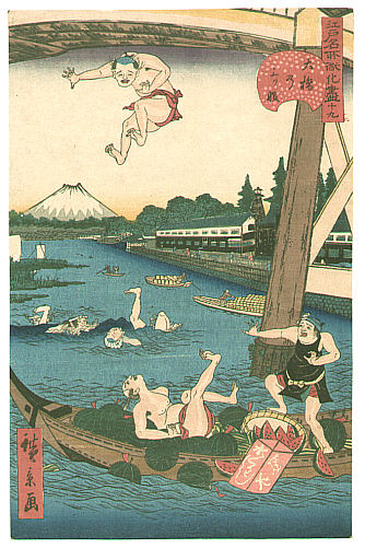 Hirokage Utagawa active 1855 - 65 - Jumping into the Water