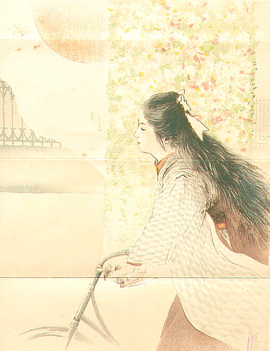 Hanko Kajita 1870-1917 - Girl on a Bicycle (kuchi-e Book) - artelino Art Auctions. Hanko Kajita 1870-1917 - Girl on a Bicycle (kuchi-e Book)